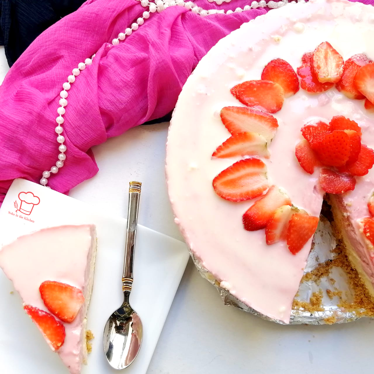 No-Bake White Chocolate and Strawberry Mousse Cake | Soha in the Kitchen